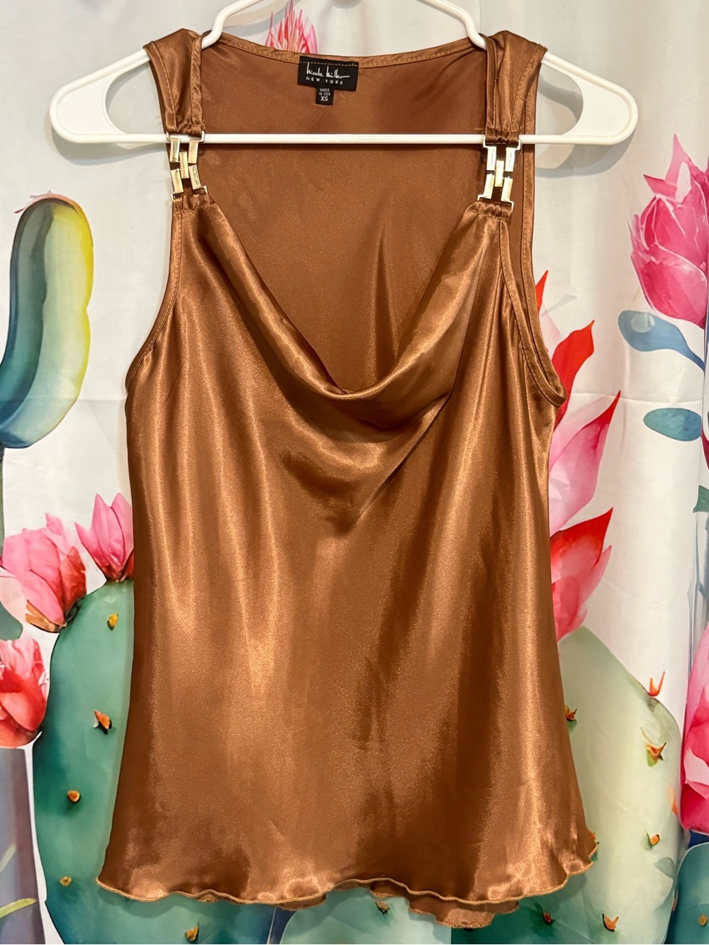 Nicole Miller New York Womens XS Brown Satin Cowl Neck Sleeveless Camisole Y2K